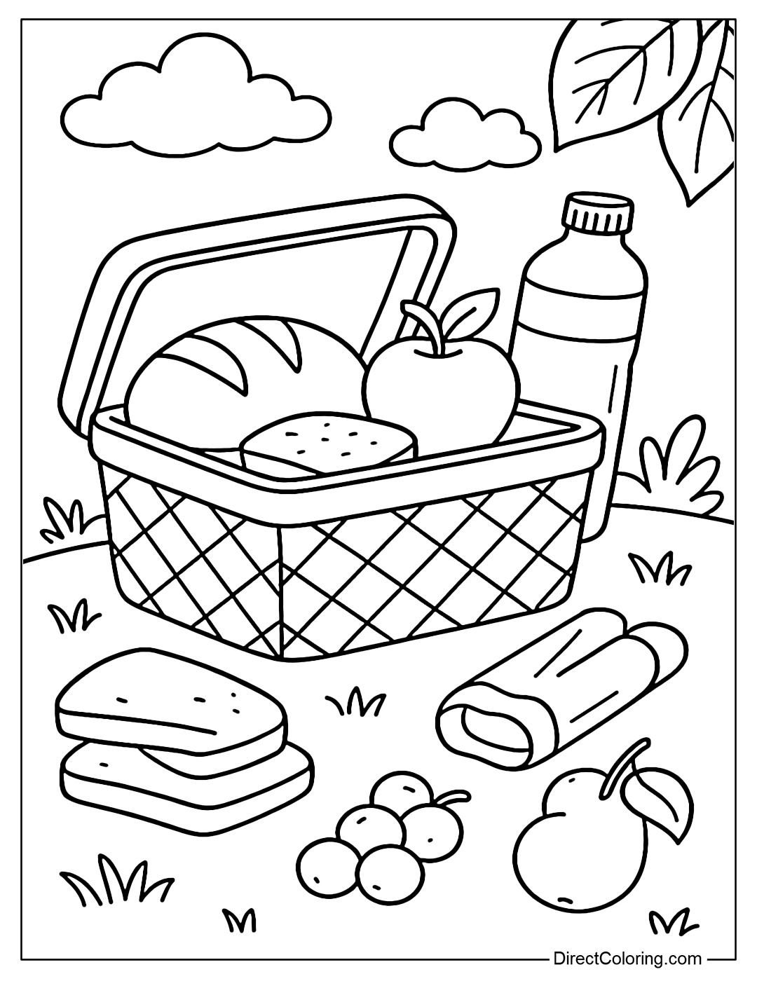 Coloring page of a picnic basket opened with cookies, fruits and a water bottle.
